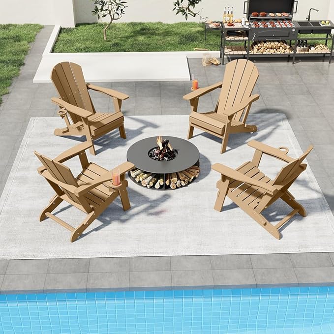 Folding Adirondack Chairs with Cup Holders, Set of 4 HDPE Plastic Outdoor Chairs, Weather Resistant, Real Wood Look - Photo 2