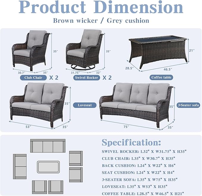 Belord Outdoor Furniture Wicker Conversation Sets - 7 Piece Patio Rattan Furniture Sets with Swivel Rocker Chairs - Photo 3