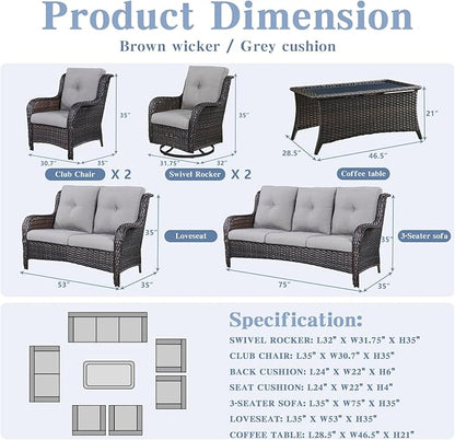 Belord Outdoor Furniture Wicker Conversation Sets - 7 Piece Patio Rattan Furniture Sets with Swivel Rocker Chairs Outdoor Sofa for Porch Deck Backyard Brown/Grey
