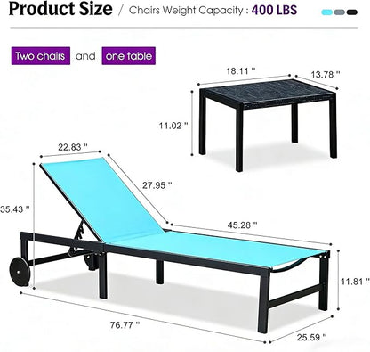 PURPLE LEAF Outdoor Chaise Lounge Chairs Set Recliner Adjustable Chair with Wheels and Table for Poolside Beach Patio Aluminum Reclining Sunbathing Lounger, Blue