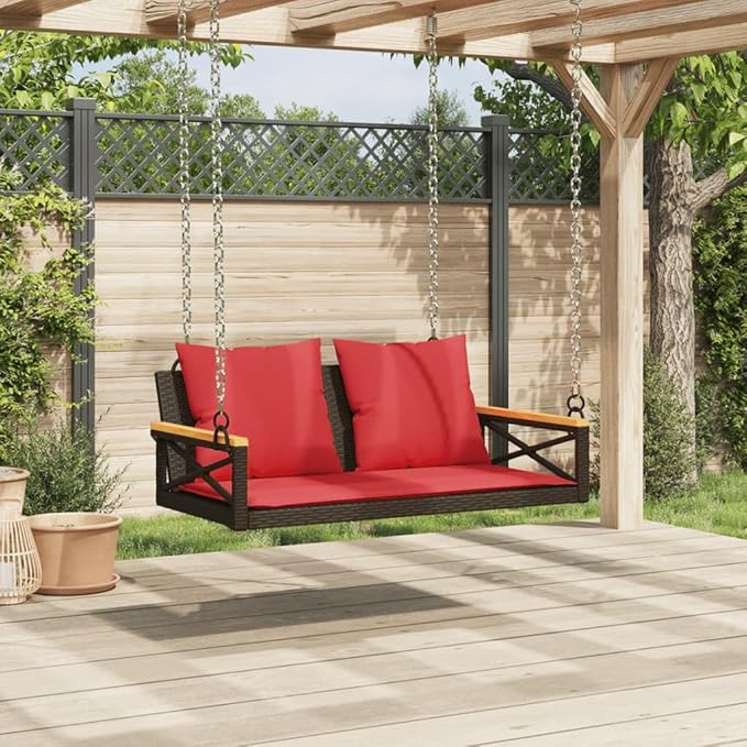 Brown PE Rattan Patio Swing Bench 42.9"x24.4"x15.7" with Red Cushions for Outdoor Relaxation - Photo 3