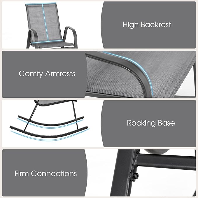 Giantex Outdoor Rocking Chairs Set of 2, Patio Rocking Chairs w/Breathable Seat & Back, Heavy-Duty Metal Support, Ergonomic Outside Rocker for Backyard, Poolside, Garden (2, Grey)