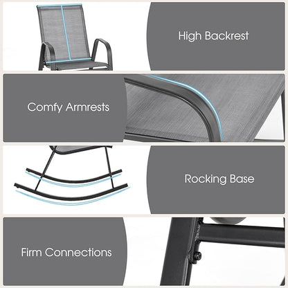 Giantex Outdoor Rocking Chairs Set of 2, Patio Rocking Chairs w/Breathable Seat & Back, Heavy-Duty Metal Support, Ergonomic Outside Rocker for Backyard, Poolside, Garden (2, Grey)
