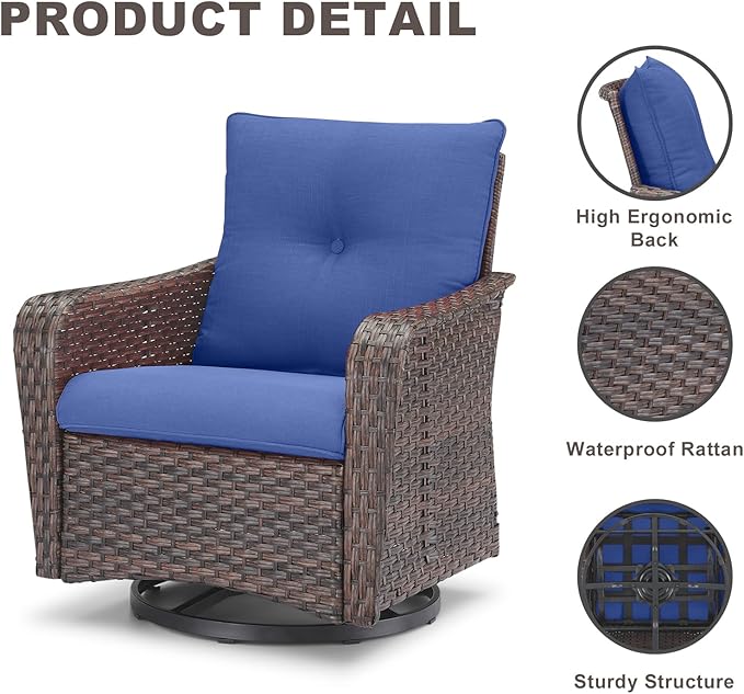 Rilyson Outdoor Patio Swivel Rocker Chairs - 2 PC Wicker Rattan Patio Rocker Glider Chair Set with High Back,Comfy Cushions and Deep Seating for Porch Deck Backyard Garden(Brown/Blue)