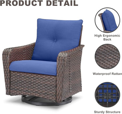 Rilyson Outdoor Patio Swivel Rocker Chairs - 2 PC Wicker Rattan Patio Rocker Glider Chair Set with High Back,Comfy Cushions and Deep Seating for Porch Deck Backyard Garden(Brown/Blue)