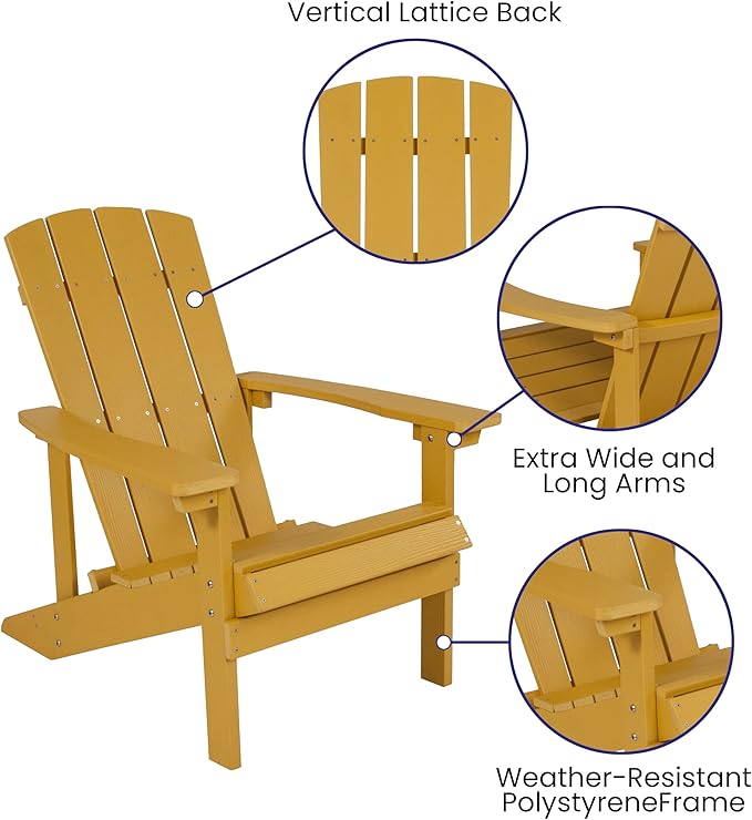 Flash Furniture Charlestown Poly Resin Adirondack Chair - Yellow - All Weather - Indoor/Outdoor - Set of 4 - Photo 5