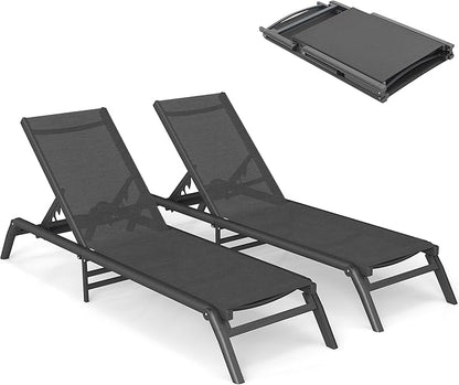 Outdoor Chaise Lounge Chairs Set of 2, No Assembly Required, 5-Position Adjustable Backrest, Foldable Lightweight Patio Lounge for Poolside, Deck, Lawn & Beach, Dark Grey