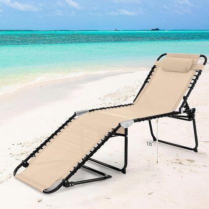 Tangkula Beach Lounge Chair for Outside, Folding Chaise Lounge Outdoor with 4-Position Backrest, Removable Headrest and Side Pocket, Portable Sunbathing Tanning Chair for Patio, Poolside (2, Beige)