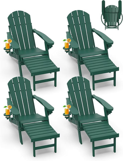 GREENVINES Adirondack-Chairs-with-Ottoman | Set of 4 | Folding | Retractable-Footrest | HDPE Plastic | All Weather Fire Pit Chair | Cup Holders | Forest | for Outdoor Poolside