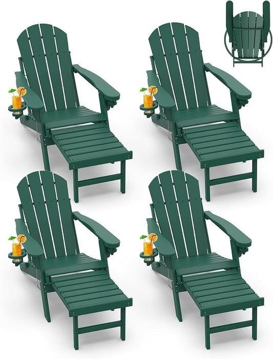 GREENVINES Adirondack-Chairs-with-Ottoman | Set of 4 | Folding | Retractable-Footrest | HDPE Plastic | All Weather Fire Pit Chair | Cup Holders | Forest | for Outdoor Poolside