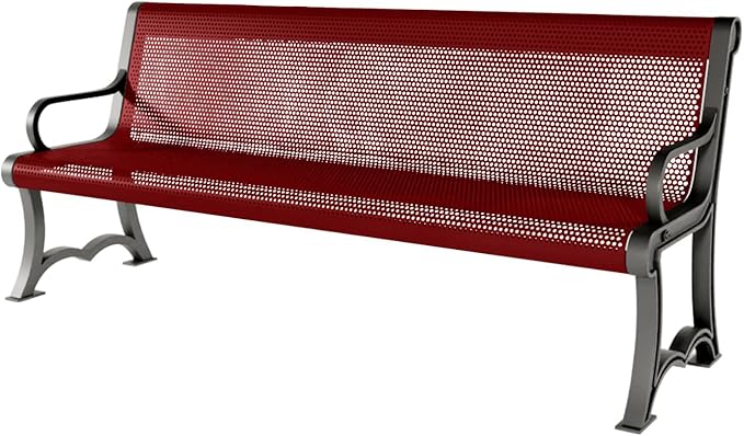 COATEDOUTDOORFURNITURE Heavy-Duty Outdoor Bench Thermoplastic Coated, Punched Steel, Commercial-Grade Garden Bench, Made in America (Portable with Back, 6 Ft, Textured Burgundy)