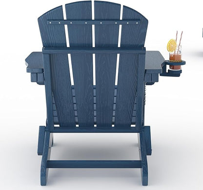 Folding Adirondack Chair Set of 2 with Side Table, All-Weather HDPE Outdoor Chair, Wooden Textured with Cup Holder for patios, Decks, Gardens, fire pits, Navy Blue