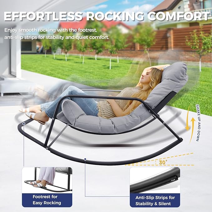BULEXYARD Grey 2 Pcs Oversized Indoor Outdoor Lounge Royal Rocking Chair with Armrest Footrest for Napping Relaxing, Heavy Duty Patio Reclining Papasan Rocker Chair with Padded Cushion
