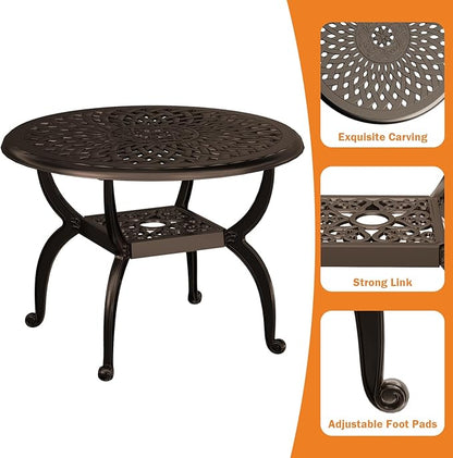 Round Outdoor Coffee Table Set of 2, Cast Aluminum Side Table with Storage,Indoor End Table, All-Weather Bistro Table for Patio Garden Lawn, Bronze
