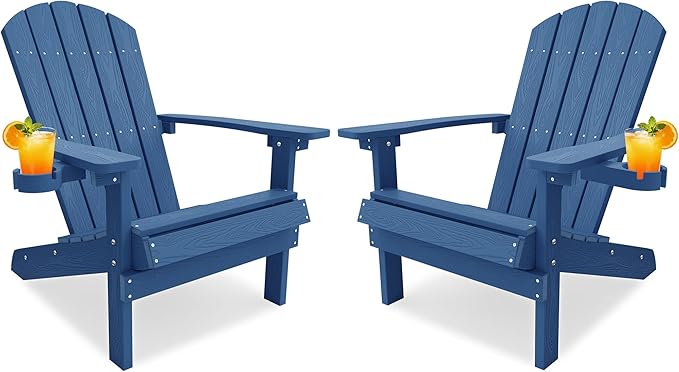 YEFU Adirondack Chairs Set of 2 for Patio: Zero Gravity Fire Pit Chairs Plastic with Cup Holders & Wood Texture - Sturdy All-Weather HIPS for Outdoor Backyard Lawn - Easy Assembly(Navy)