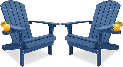 YEFU Adirondack Chairs Set of 2 for Patio: Zero Gravity Fire Pit Chairs Plastic with Cup Holders & Wood Texture - Sturdy All-Weather HIPS for Outdoor Backyard Lawn - Easy Assembly(Navy)