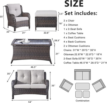 Belord 6 Pieces Patio Furniture Set Outdoor Wicker Furniture, 2 Patio Wicker Chairs with 1 Loveseat Sofa, Coffee Table and Ottomans, Patio Conversation Set for Porch Garden Deck Balcony Poolside