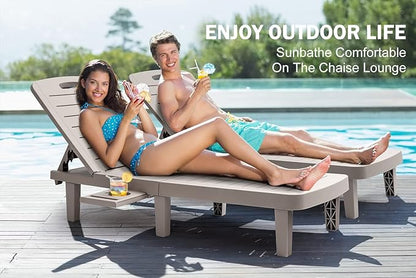 Chaise Lounge Outdoor, Waterproof Resin Lounge Chairs for Outside w/Adjustable 5 Positions & Cup Holder Sun Lounge Chair for Patio, Poolside, Beach, Yard in All Weather, 1PCS, Grey