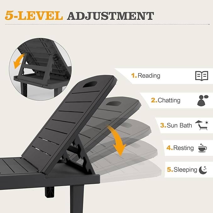 UPDATIO Outdoor Lounge Chair, Resin 5-Position Adjustable Reclining Chaise Lounge, Waterproof Patio Chairs for Pool, Beach, Lawn, and Garden