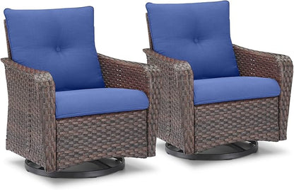 Rilyson Outdoor Patio Swivel Rocker Chairs - 2 PC Wicker Rattan Patio Rocker Glider Chair Set with High Back,Comfy Cushions and Deep Seating for Porch Deck Backyard Garden(Brown/Blue)