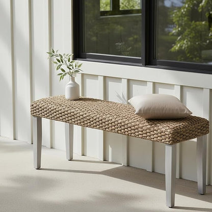 Solid Wood Acacia Indoor Bench with Natural Woven Seat, Wood Bench for Living Room or Entryway, Vintage Bench (Fishbone Style, Water Hyacinth) (Plait Style - Grey Leg, Water Hyacinth)