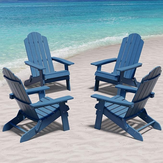 MXIMU Folding Adirondack Chair Set of 4 Weather Resistant Fire Pit Chairs Easy Assemble HIPS Plastic Outdoor Modern Adirondack Chairs for Patio, Lawn, Garden, Backyard, Deck(Navy)