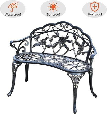 Cast Aluminium Outdoor Bench, Rose Garden Bench for Patio,Park,Lawn,Yard (Bronze)