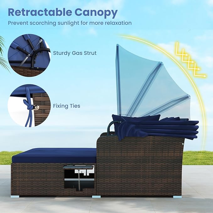 Tangkula Patio Rattan Daybed with Retractable Canopy, Outdoor Wicker Sunbed with 2 Foldable Side Tables - Photo 6