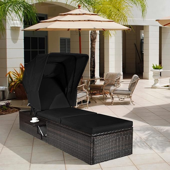 Tangkula Outdoor Chaise Lounge Chair with Folding Canopy, Adjustable Cushioned Reclining Chair with Flip-up Tea Table, Rattan Sun Lounger for Beach Poolside Backyard Balcony Porch (1, Black)