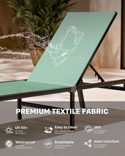 Aluminum Patio Chaise Lounge Chair Set of 2 with Side Table,5-Position Adjustable Backrest,Foldable Lounge Chair Outdoor,Pool Lounge Chairs for Poolside,Lawn,Deck,Beach (Green, 2 Pack+Table)