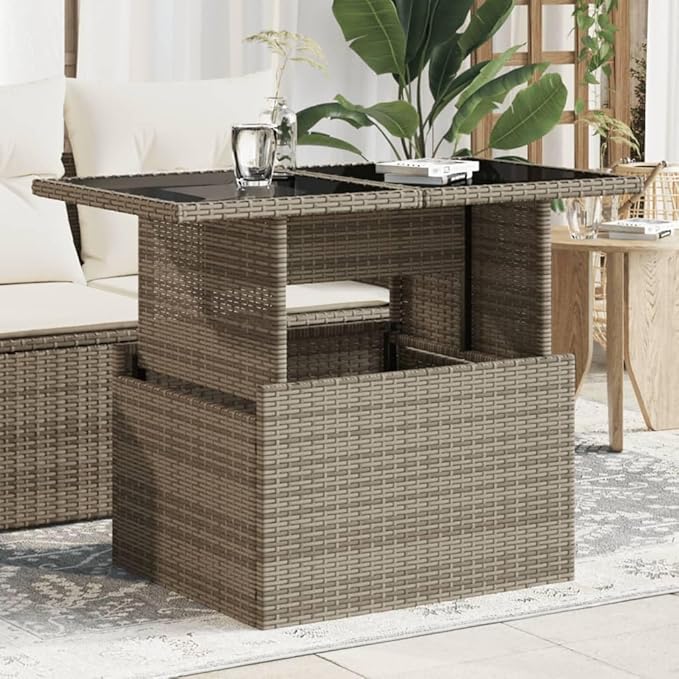 Outdoor Patio Table Grey Synthetic Rattan Rectangular Adjustable Height Tempered Glass Top for Garden Balcony Terrace - Photo 1