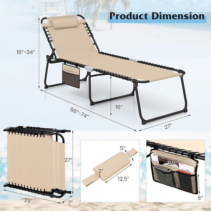 GYMAX Lounge Chair for Outside, 440lbs 27” Oversize Folding Beach Tanning Sunbath Chair with Adjustable Backrest & Removable Pillow, Lightweight Portable Patio Lounger for Lawn Poolside (Sand,2)