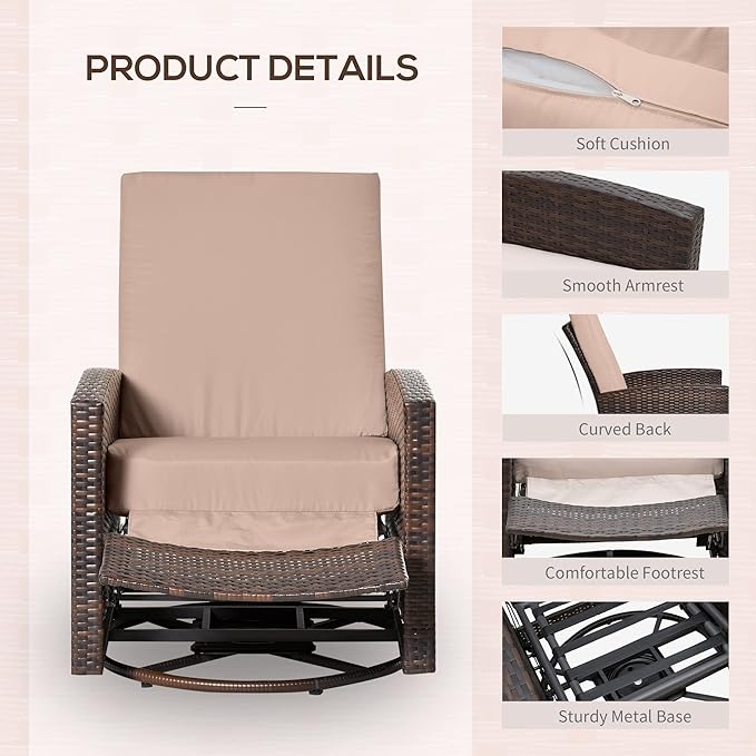 Outsunny Outdoor Wicker Swivel Recliner Chair, Reclining Backrest, Lifting Footrest, 360° Rotating Basic - Photo 6