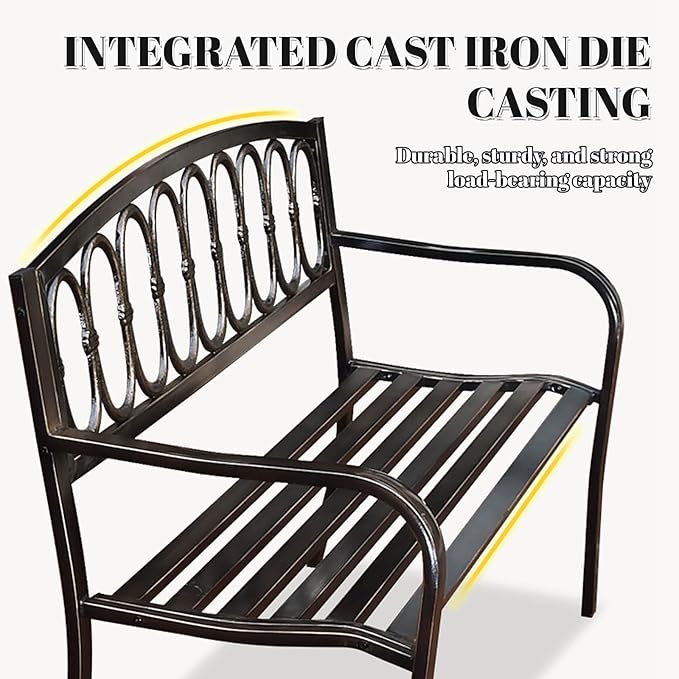 Outdoor Metal Garden Bench 50", Porch Bench Chair，2-Person Patio Bench with Backrest and Armrests, Park Benches Weatherproof, Outdoor Metal Benches for Porch Poolside Backyard