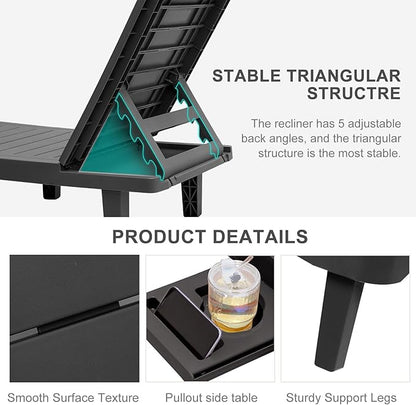Chaise Lounge Outdoor, Waterproof Resin Lounge Chairs for Outside w/Adjustable 5 Positions All Weather Recliner Chair for Patio, Poolside, Beach, Yard, 1PCS, Black