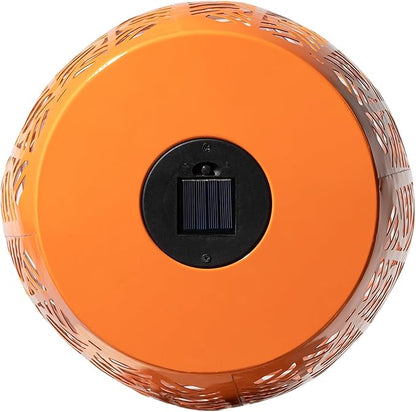Glitzhome Set of 2 Outdoor Side Table with Leaf Pattern Solar Powered Light, 18.25" H Iron Cutout Drum Garden Stool Solar Decorative Lanterns, Metal End Table Plant Stand for Indoor Outdoor, Orange