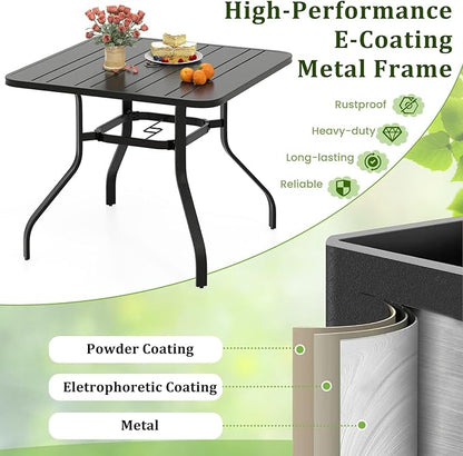 Tangkula 37” Outdoor Dining Table for 4, Square Patio Bistro Dining Table with 1.57” Umbrella Hole and Metal Frame, Outdoor Patio Table for Balcony, Garden and Backyard