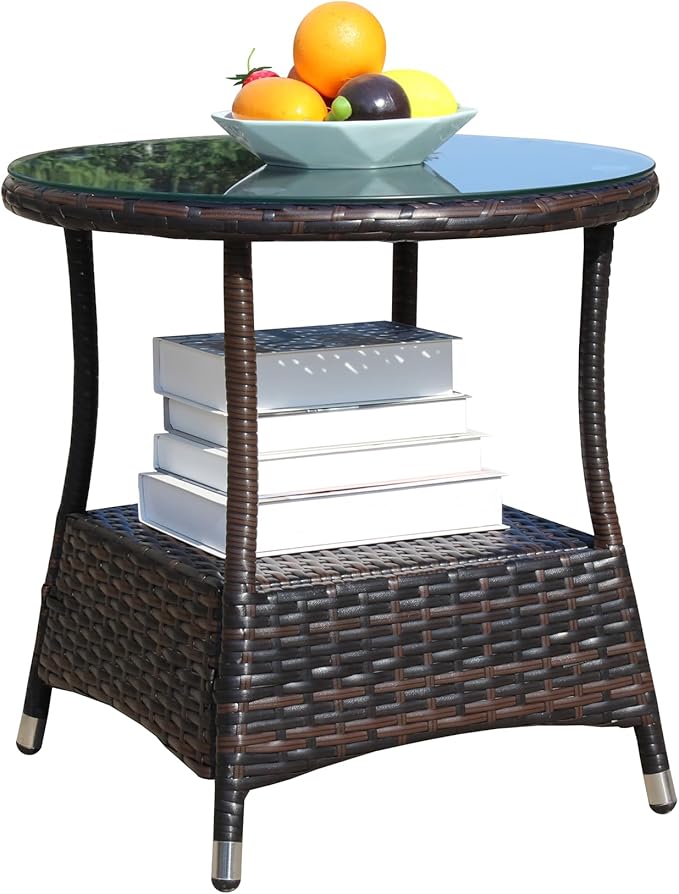 Round Outdoor PE Wicker Side Table with Storage, Patio Rattan End Table Round Glass Top Table for Furniture Gardening Tools