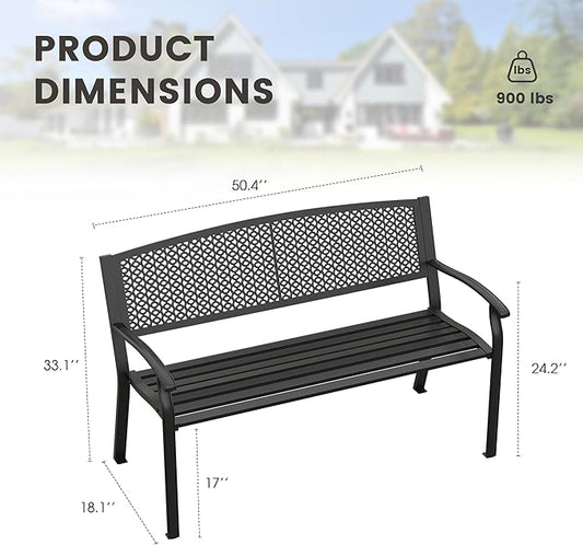 50.4" Garden Bench, Metal Outdoor Bench with Backrest and Curved Armrests for Patio Porch Lawn, Black