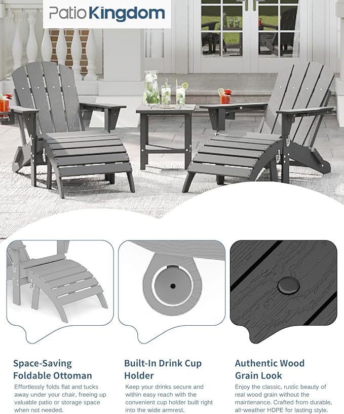 4-Piece Adirondack Chair with Footrest,Folding Adirondack Chair with Retractable Ottoman Set,HDPE All Weather Fire Pit Chair with Cup Holder(Grey, 2 Chair & 2 footrest)
