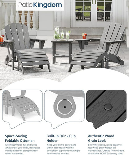 Adirondack Chair with Footrest,Folding Adirondack Chair with Retractable Ottoman,HDPE All Weather Fire Pit Chair with Cup Holder,2-Piece (Grey, 1 Chair &1 footrest)