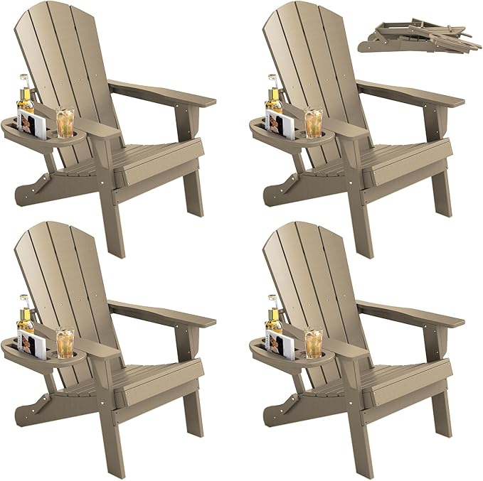 FOOWIN Folding Adirondack Chair Set of 4, HDPE Adirondack Chairs with Cup Holder, Weather Resistant Plastic Fire Pit Chairs for Outdoor, Patio, Lawn, Garden, Backyard, Deck, Brown