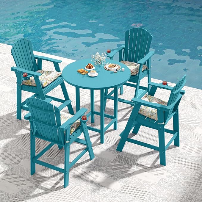 Sundale Outdoor Adirondack Bar Chairs Set of 2, Patio HDPE Bar Stools with Backrest, 30 Inch Seat Height Bistro Tall Dining Counter Barstools with Cushion, All-Weather Pub Height Chairs, Turquoise