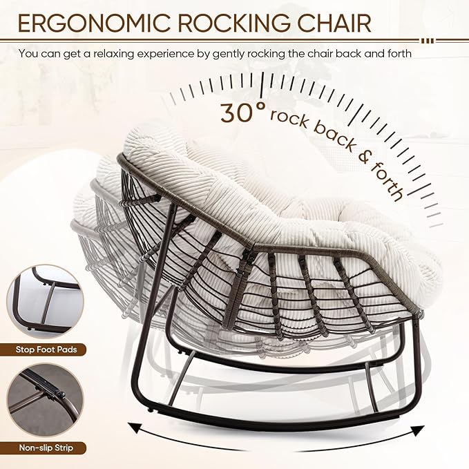 Large Indoor Rocking Chair Set of 2, Oversized Rocking Papasan Chair with Thick Cushion and Frame, Comfy Corduroy Rocker Wicker Egg Chairs Lounge Reading Chair for Living Room, Bedroom, White