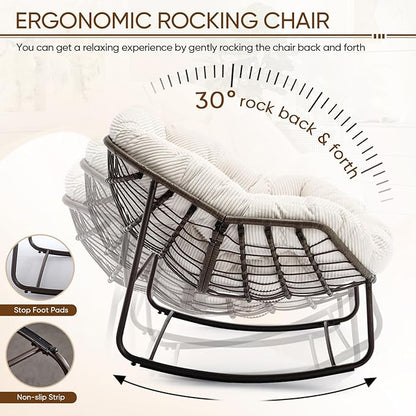 Large Indoor Rocking Chair Set of 2, Oversized Rocking Papasan Chair with Thick Cushion and Frame, Comfy Corduroy Rocker Wicker Egg Chairs Lounge Reading Chair for Living Room, Bedroom, White