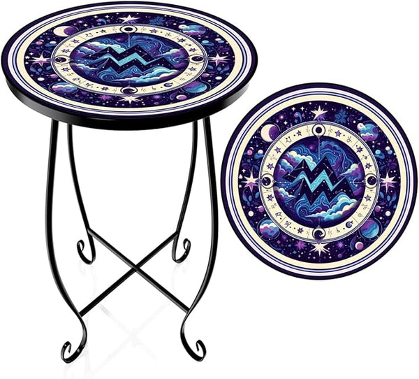 15 Inch Tall Patio Side Table, Small Patio Table for Outdoor Deck Porch Poolside, Ocean Wave Metal End Table - Photo 1