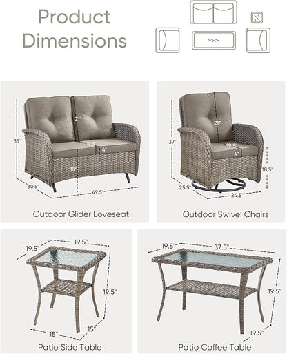 5 Pieces Patio Furniture Set-Outdoor Rocking Chairs Set of 2 Outdoor Glider Bench with Wicker Outdoor Coffee Table for Deck Lawn Porch Balcony Poolside-Grey/Grey