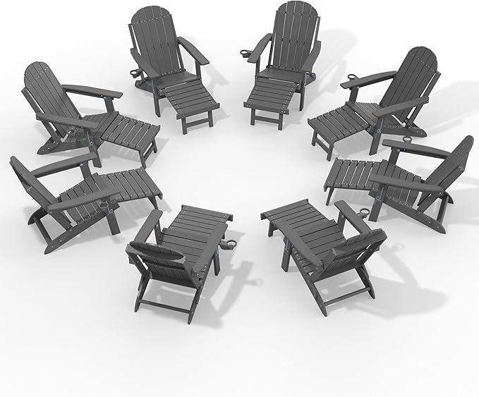 YEFU Adirondack Chair with Retractable Ottoman: Adjustable Folding Adirondack Chairs with Cup Holder - HDPE Plastic Outdoor Fire Pit Chairs Set of 8 - All Weather for Patio/Firepit/Outside/Pool(Grey)