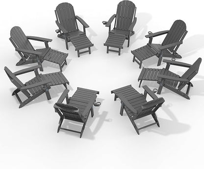 YEFU Adirondack Chair with Retractable Ottoman: Adjustable Folding Adirondack Chairs with Cup Holder - HDPE Plastic Outdoor Fire Pit Chairs Set of 8 - All Weather for Patio/Firepit/Outside/Pool(Grey)