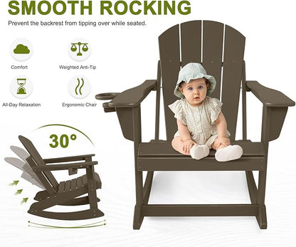 Outdoor Rocking Chairs Set of 2, HDPE Poly All-Weather Patio Rocking Chairs with Cup Holder for Adults, Porch Rocker for Deck Patio Balcony, 440lbs, Dark Brown